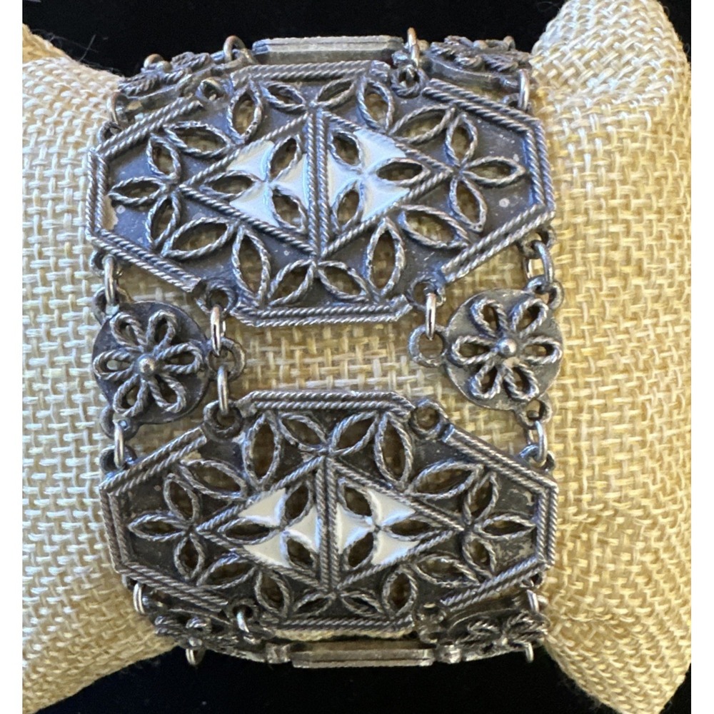 VTG Panel Bracelet Silver Tone Intricate Filigree Enamel 7" Germany Victorian
